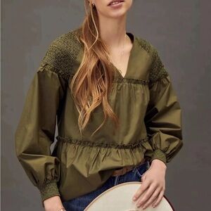 Mare Mare Blouse Women Size Medium Renee‎ Smocked Green Ruffle Bishop Sleeve